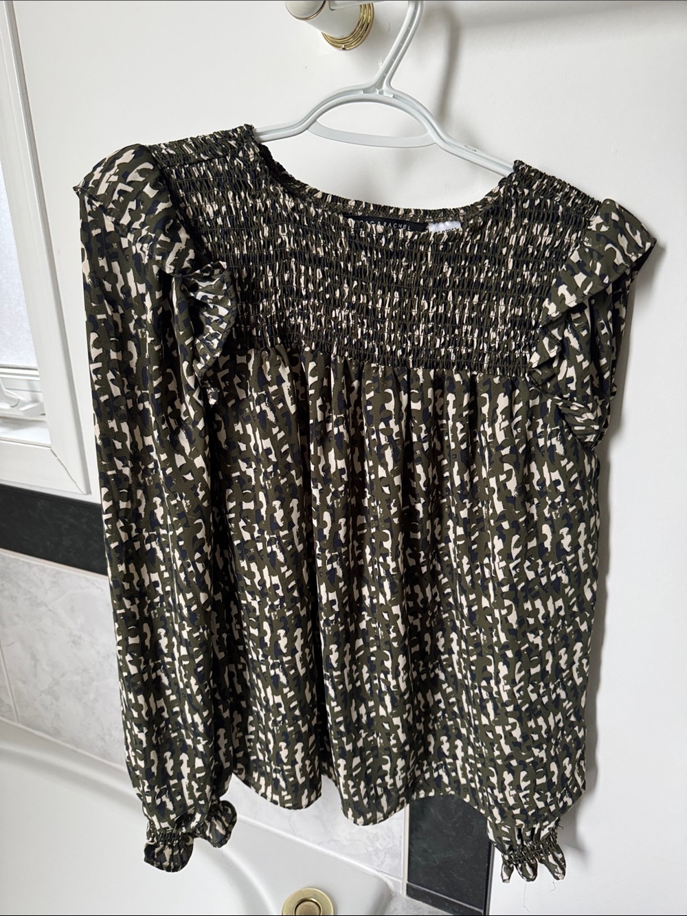 Zac & Rachel Olive and Cream Smocked Ruffle Blouse